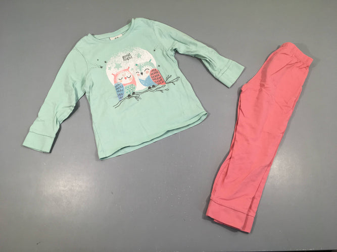 Pyjama 2pcs jersey vert d'eau-rose Hiboux, moins cher chez Petit Kiwi