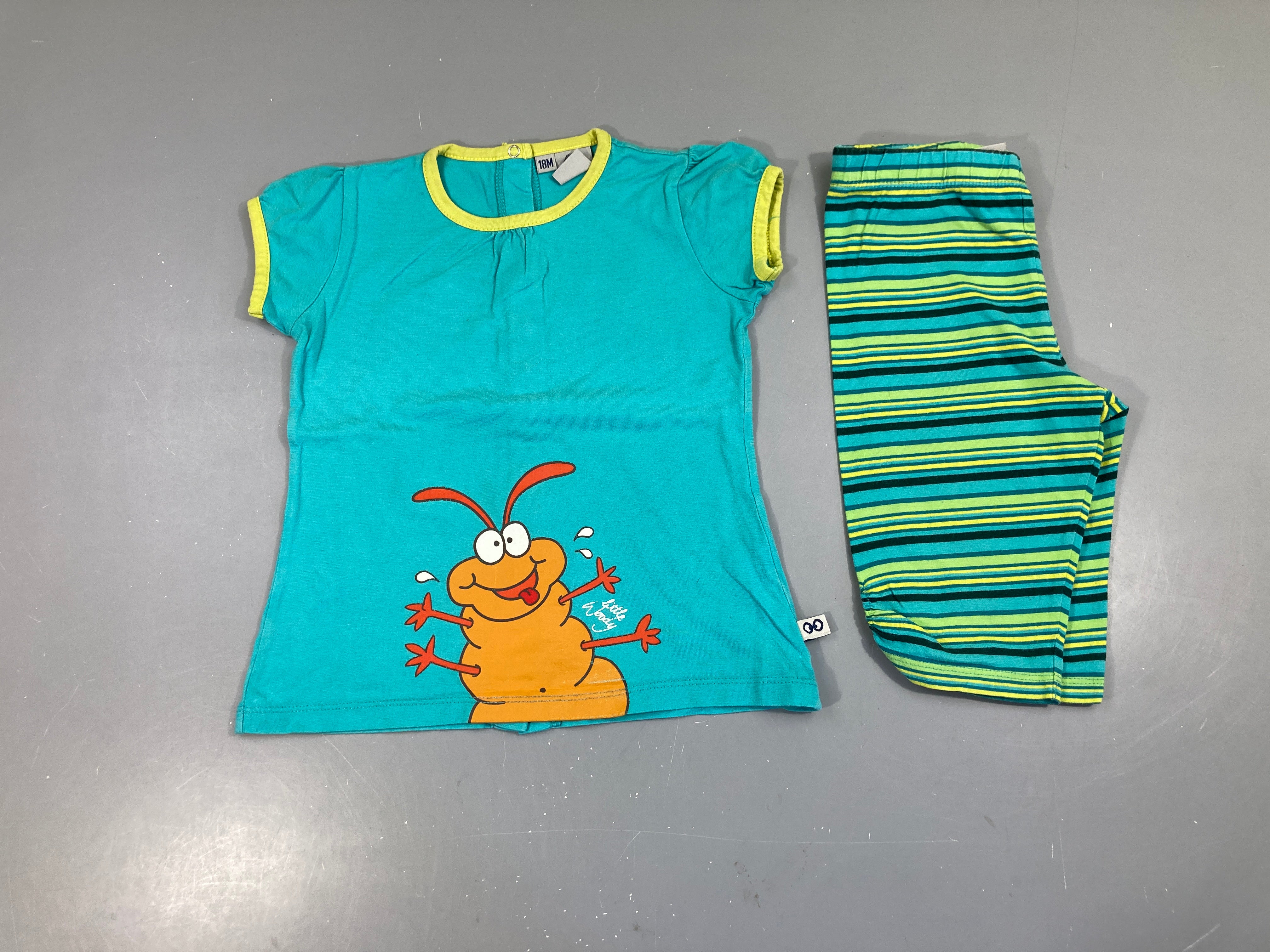 Pyjashort 2pcs m.c jersey turquoise insecte + bas rayé multicolore