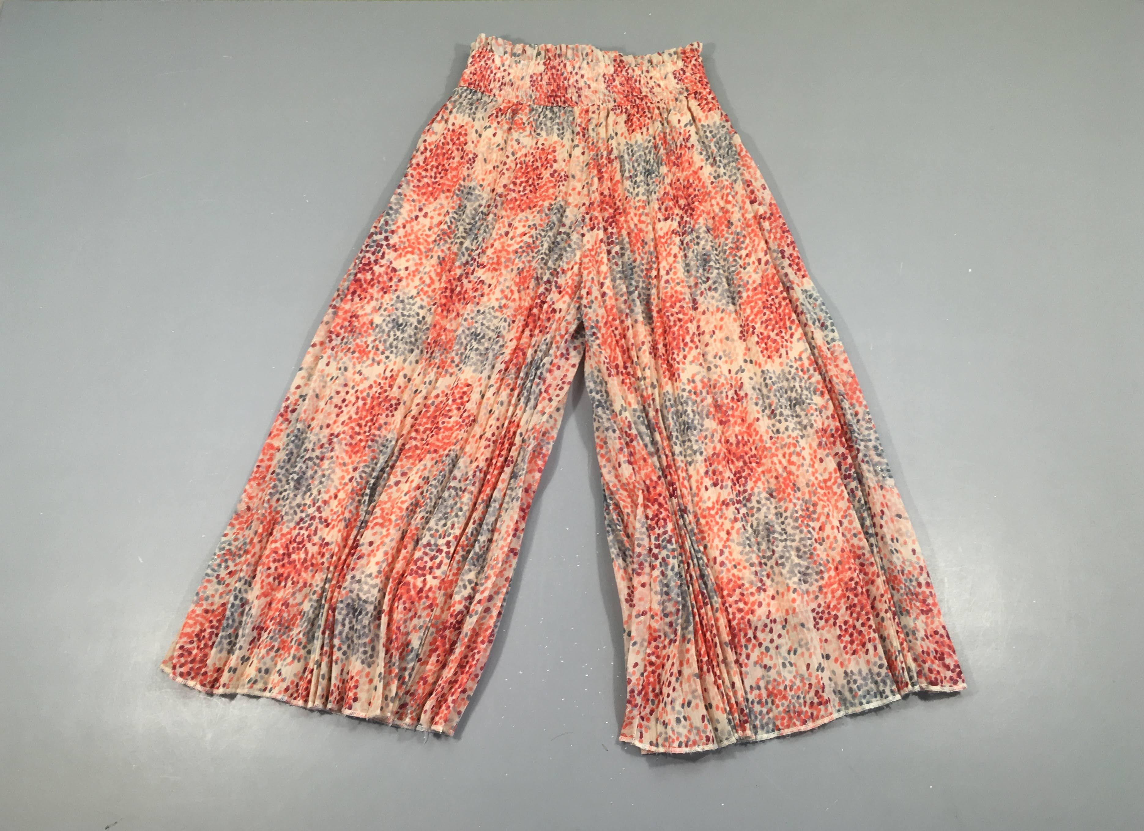 Pantalon fluide voile plissé rose pâle moucheté rose-mauve doublé