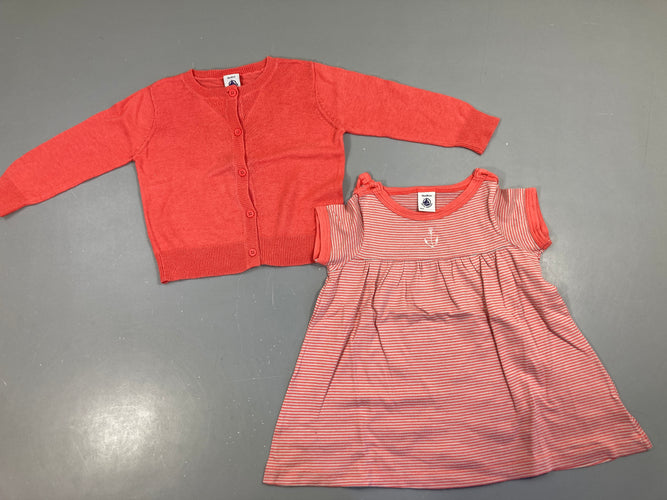 Gilet corail + t-shirt m.c gris rayé corail, moins cher chez Petit Kiwi