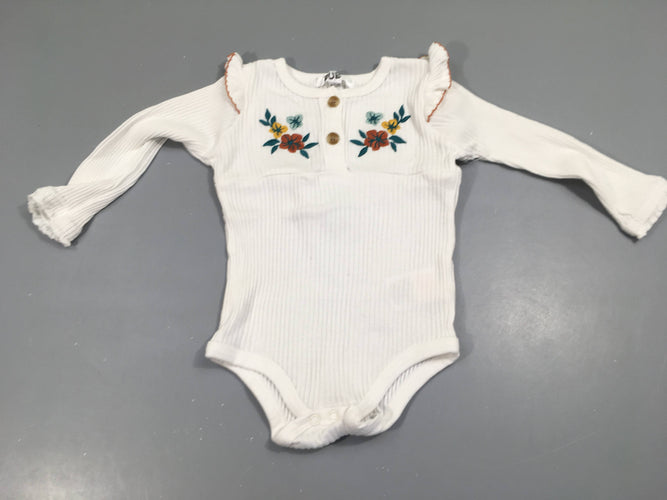 Body m.l blanc cotelé, broderies fleurs, moins cher chez Petit Kiwi