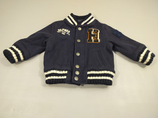 Veste bleu marine manches et col rayé blanc  "Hilfiger", moins cher chez Petit Kiwi