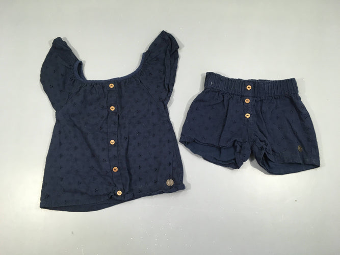 Blouse m.c bleu foncé texturé + short, moins cher chez Petit Kiwi