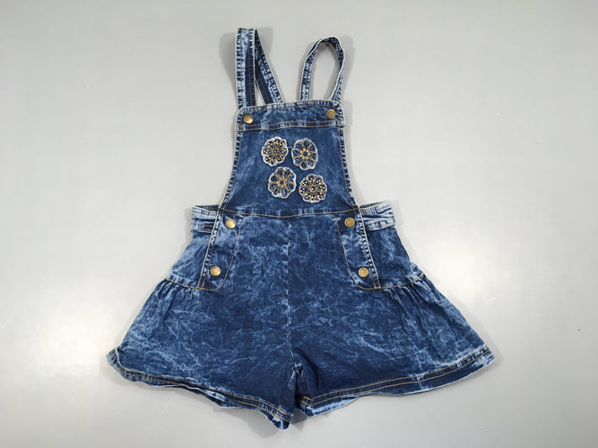 Salopette short denim effet délavé fleurs brodée clou, moins cher chez Petit Kiwi