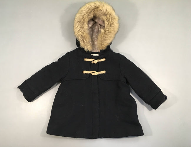 Manteau bleu foncé ouatiné à capuche fausse fourrure-Quques bouloches, moins cher chez Petit Kiwi