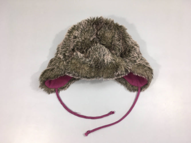 Chapka peluche grise doublée polar mauve, moins cher chez Petit Kiwi