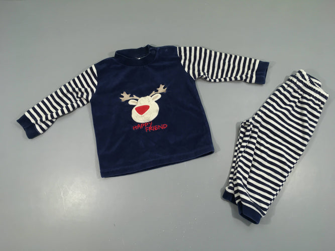 Pyjama 2pcs velours bleu/rayé blanc renne happy friend, moins cher chez Petit Kiwi
