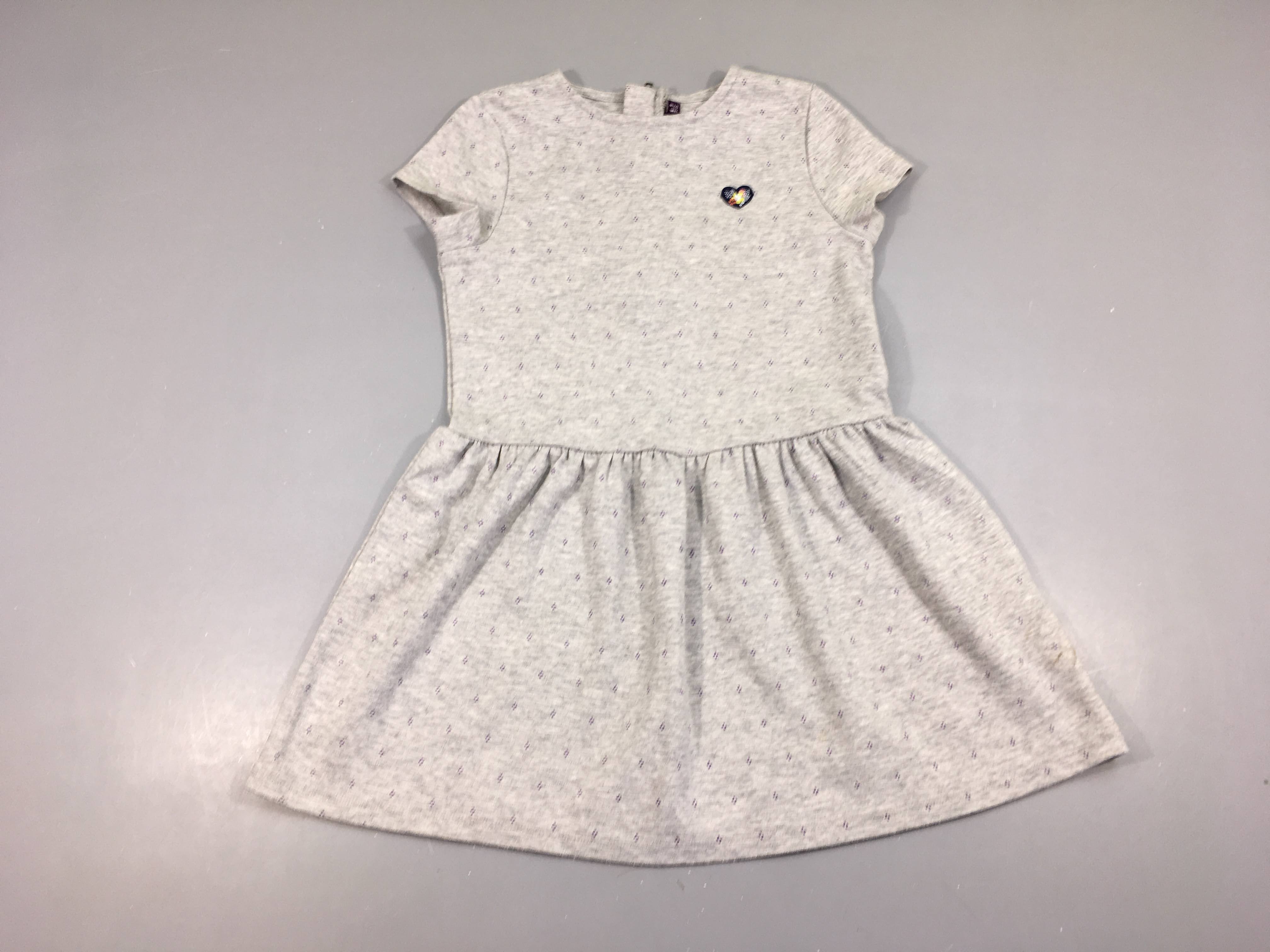 Robe m.c molleton gris chiné points mauves coeur métalique fleurs-Qques bouloches