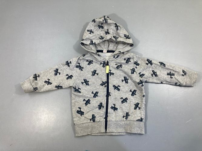 Sweat zippéà capuche gris chiné avions, moins cher chez Petit Kiwi
