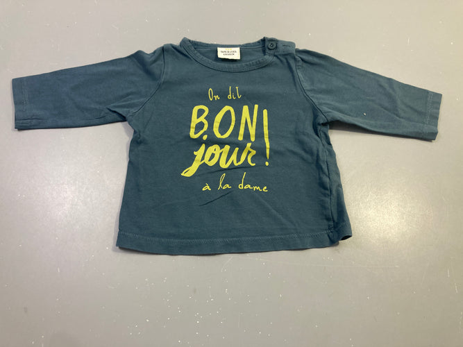T-shirt m.l bleu pétrole imprimé "Bonjour", basique, moins cher chez Petit Kiwi