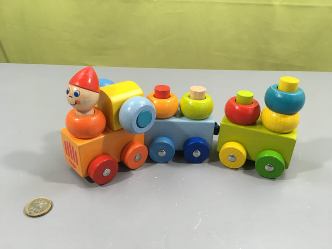 Train découvertes en bois multicolore, clown, moins cher chez Petit Kiwi