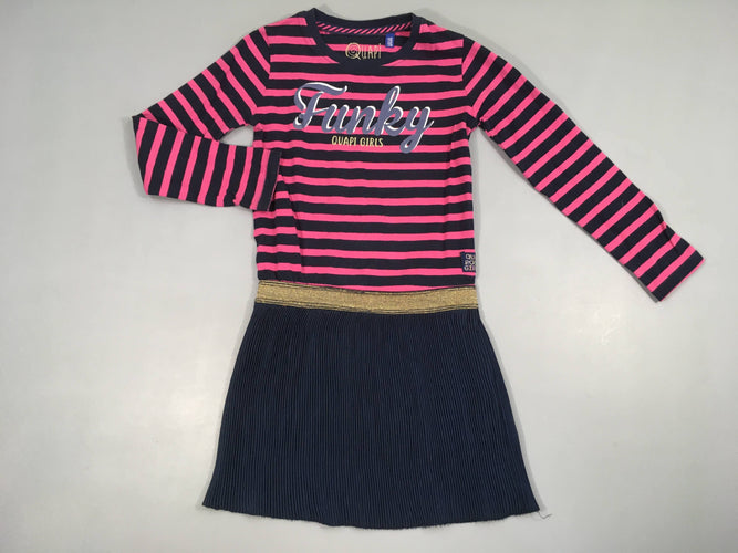 Robe m.l jersey haut rayé rose-bleu Funky bas plissé bleu foncé taille élastique, moins cher chez Petit Kiwi