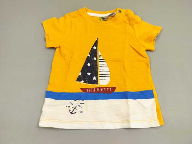 T-shirt m.c jaune, bleu, blanc, voilier "Petit matelot", moins cher chez Petit Kiwi
