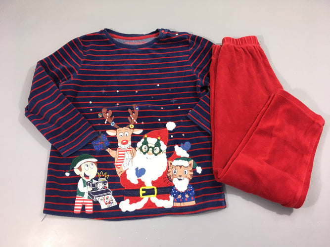 Pyjama 2pcs velours bleu foncé rayé rouge de Noël, flocage abimé, moins cher chez Petit Kiwi