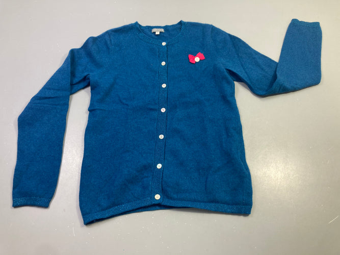 Gilet bleu canard boutonné nœud rose, 100% cachemire, moins cher chez Petit Kiwi