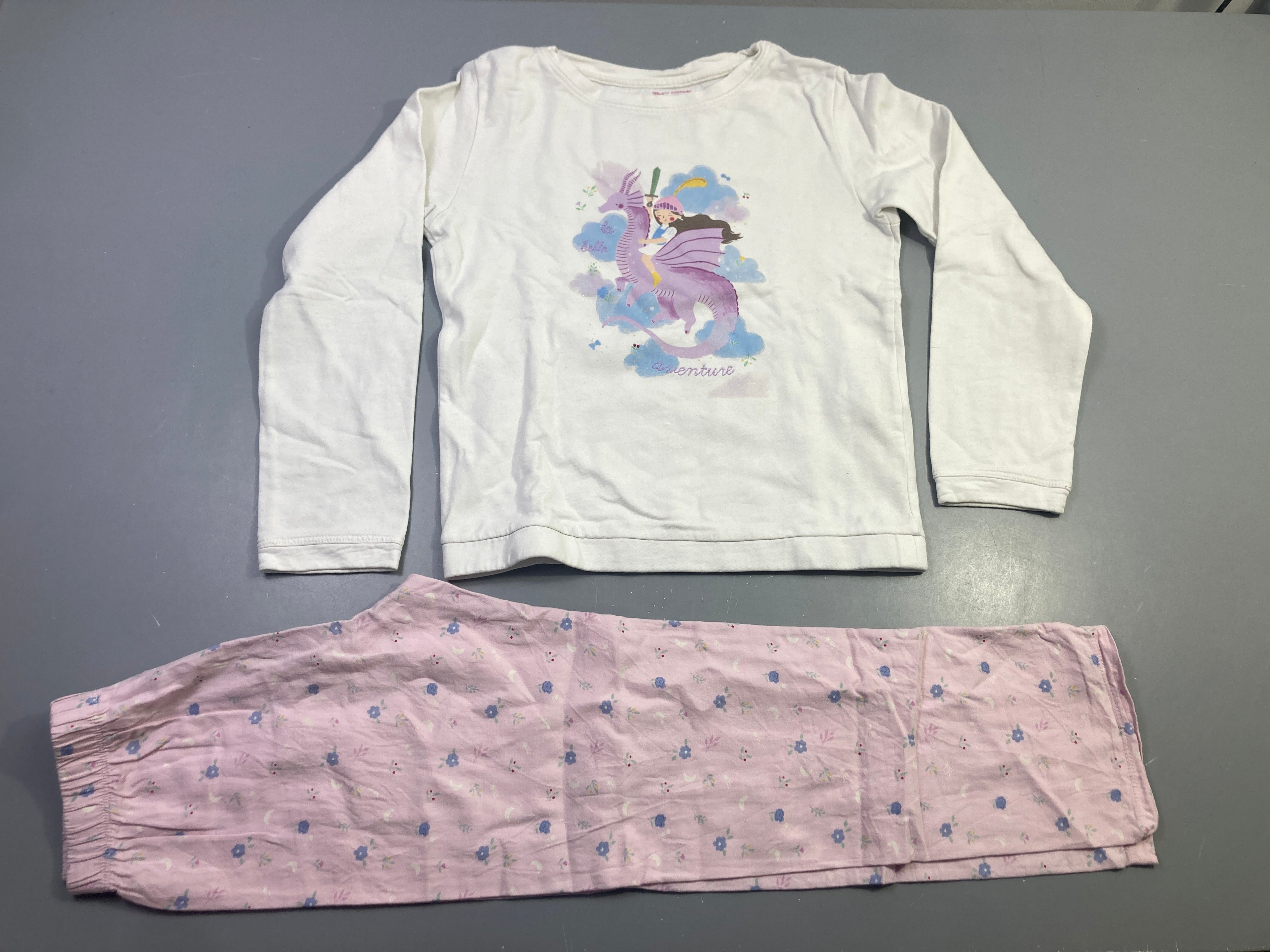 Pyjama 2pcs molleton blanc rose dragon licorne