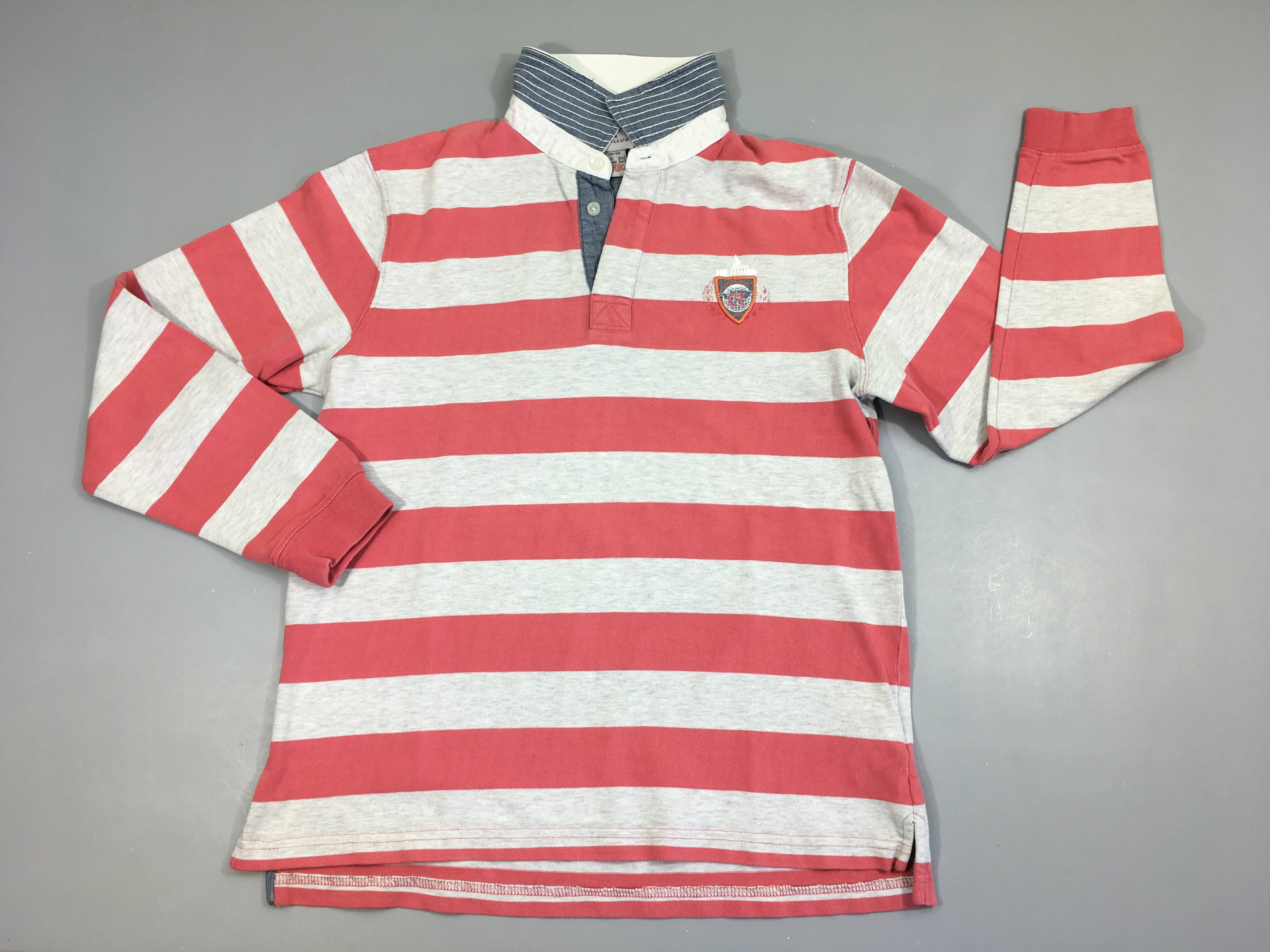 Polo m.l jersey gris rayé rose écusson