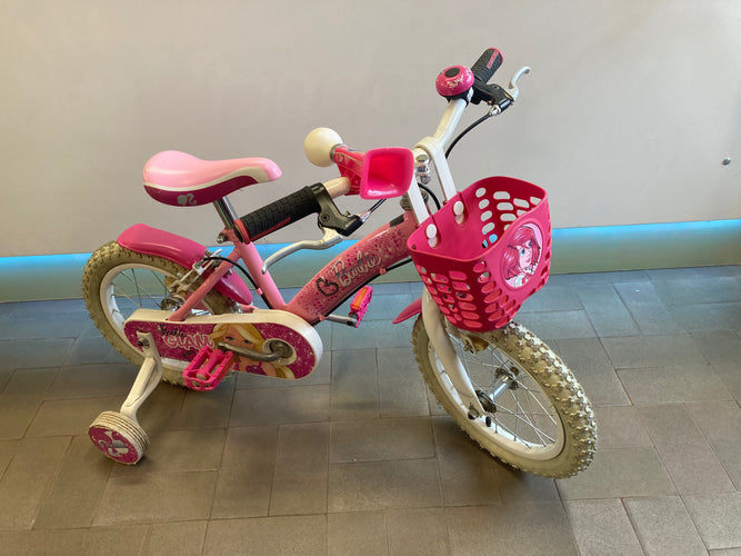 Vélo Barbie, 14 pouces, rose avec petites roues, sonnette, klaxon, panier (petit accroc sur la selle et à rafraichir), moins cher chez Petit Kiwi