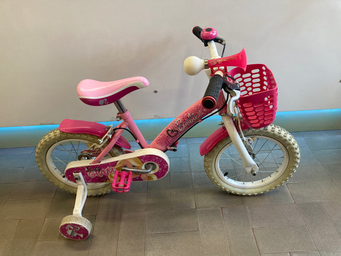 Vélo Barbie, 14 pouces, rose avec petites roues, sonnette, klaxon, panier (petit accroc sur la selle et à rafraichir), moins cher chez Petit Kiwi