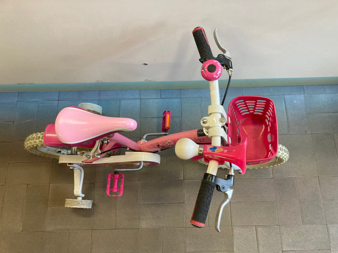 Vélo Barbie, 14 pouces, rose avec petites roues, sonnette, klaxon, panier (petit accroc sur la selle et à rafraichir), moins cher chez Petit Kiwi