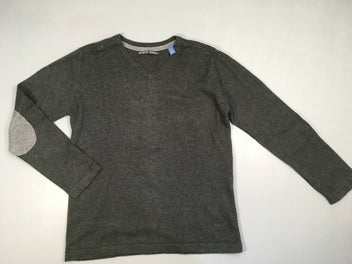 Pull gris foncé chiné, coudes à rafraichir, 10% laine