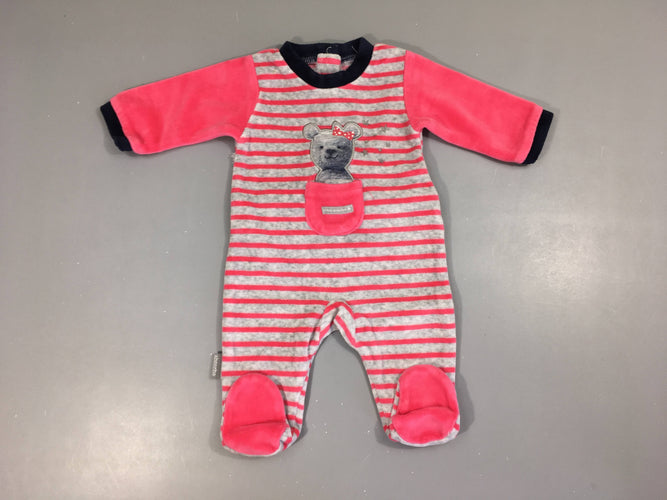 Pyjama velours rayé gris-rose Teddy poche, moins cher chez Petit Kiwi