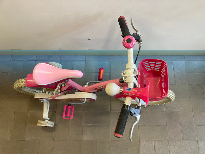 Vélo Barbie, 14 pouces, rose avec petites roues, sonnette, klaxon, panier (petit accroc sur la selle et à rafraichir), moins cher chez Petit Kiwi