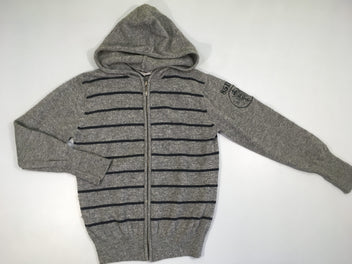 Gilet zippé à capuche gris rayé bleu marine, 100% laine