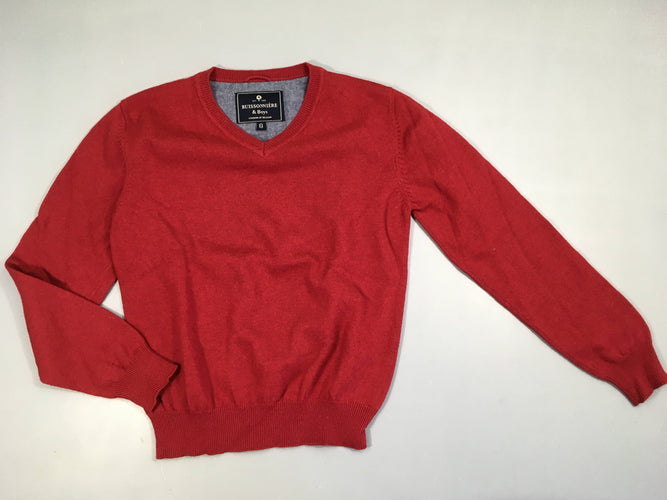 Pull rouge col V, 75% laine, légèrement bouloché, moins cher chez Petit Kiwi