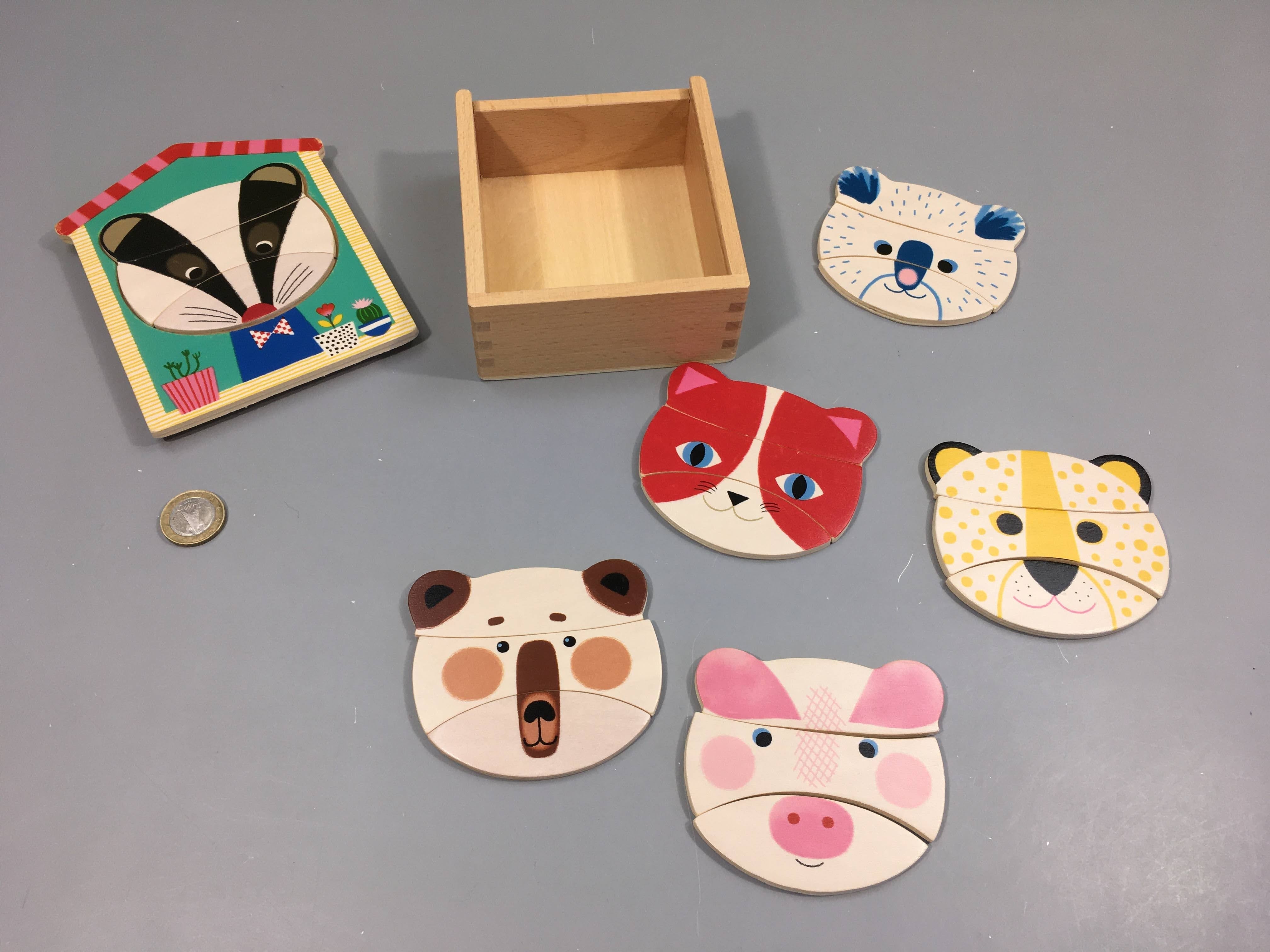 Boîte à puzzle têtes d'animaux en bois 18pcs +2a Complet