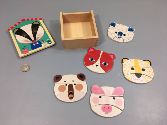 Boîte à puzzle têtes d'animaux en bois 18pcs +2a Complet, moins cher chez Petit Kiwi