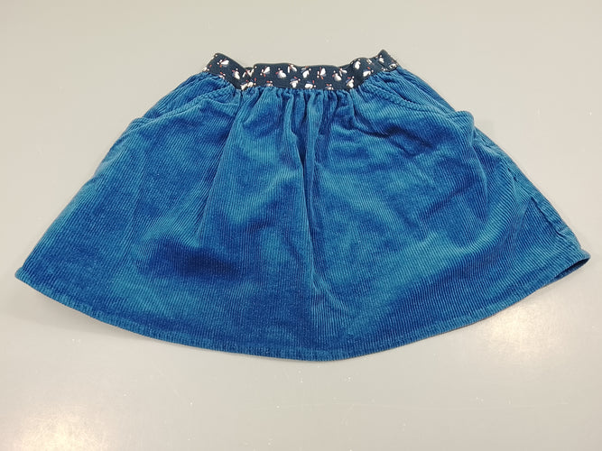 Jupe velours côtelé bleu, taille élatique bleu marine à motifs, moins cher chez Petit Kiwi