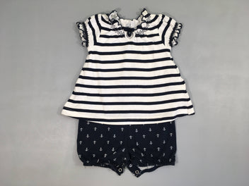 Combishort m.c jersey blanc rayé bleu foncé encres