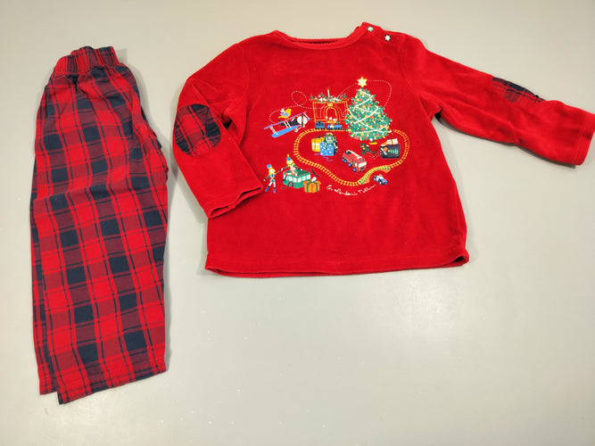 Pyjama 2pcs dessus velours rouge dessin de noël , dessous molleton rouge et bleu marine à carreaux, moins cher chez Petit Kiwi