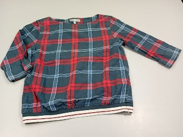 Blouse ml à carreaux rouge et bleu marine, dessous élastique pailleté