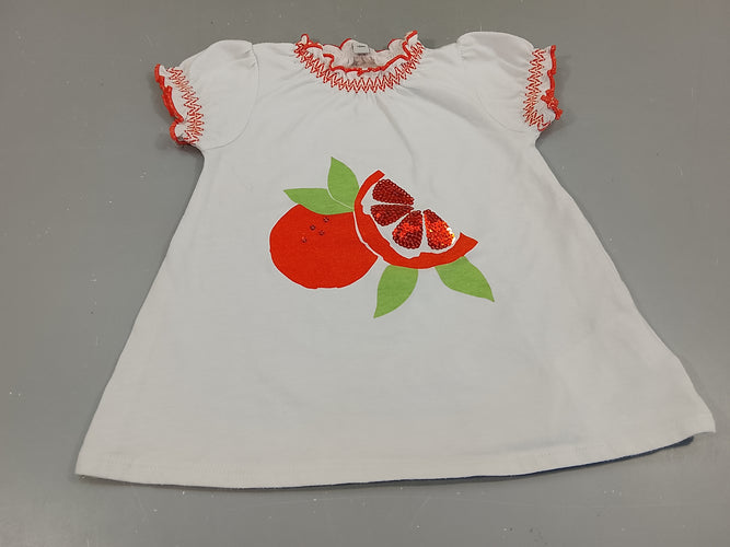 T-shirt m.c blanc ,col et manches élastique orange , oranges avec sequins, moins cher chez Petit Kiwi