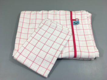 Drap en flanelle + taie carreaux blanc et rose pour lit 70x140