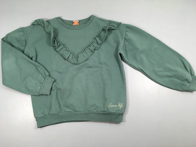 Sweat vert froufrous, tache sur le bas de la manche, un peu bouloché, moins cher chez Petit Kiwi