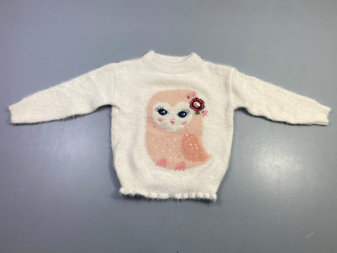 Pull écru duveteux chouette sequins, moins cher chez Petit Kiwi