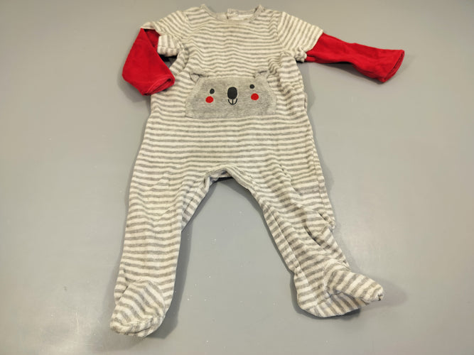 Pyjama velours gris rayé , poche koala. Manches rouges 74% coton 26% polyester, moins cher chez Petit Kiwi