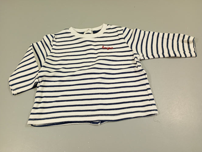 T-shirt m.ll blanc rayé bleu marine "bonjour", pressions à l'arrière, moins cher chez Petit Kiwi