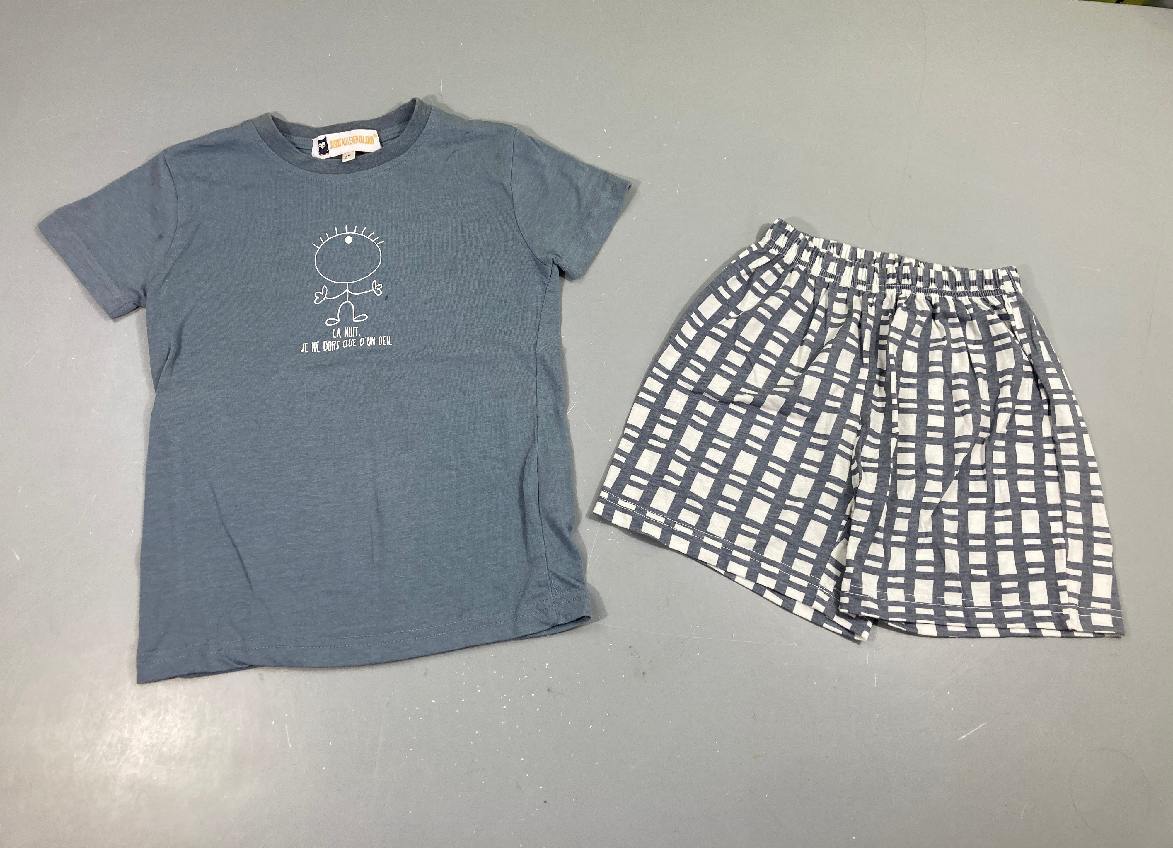 Pyjashort 2pcs jersey bleu grisé bonhomme, un peu bouloché