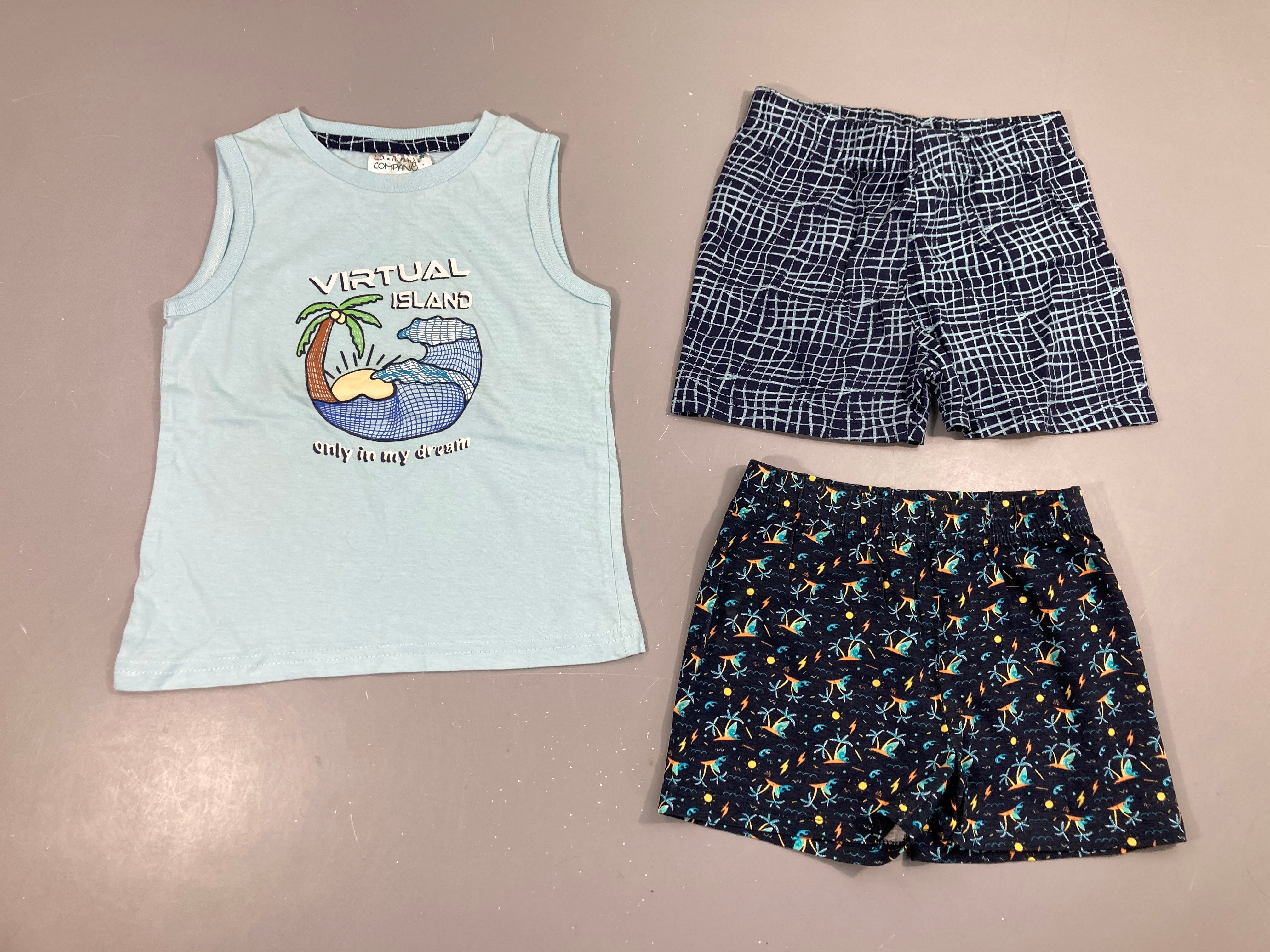 Pyjashort 3pcs jersey bleu vague
