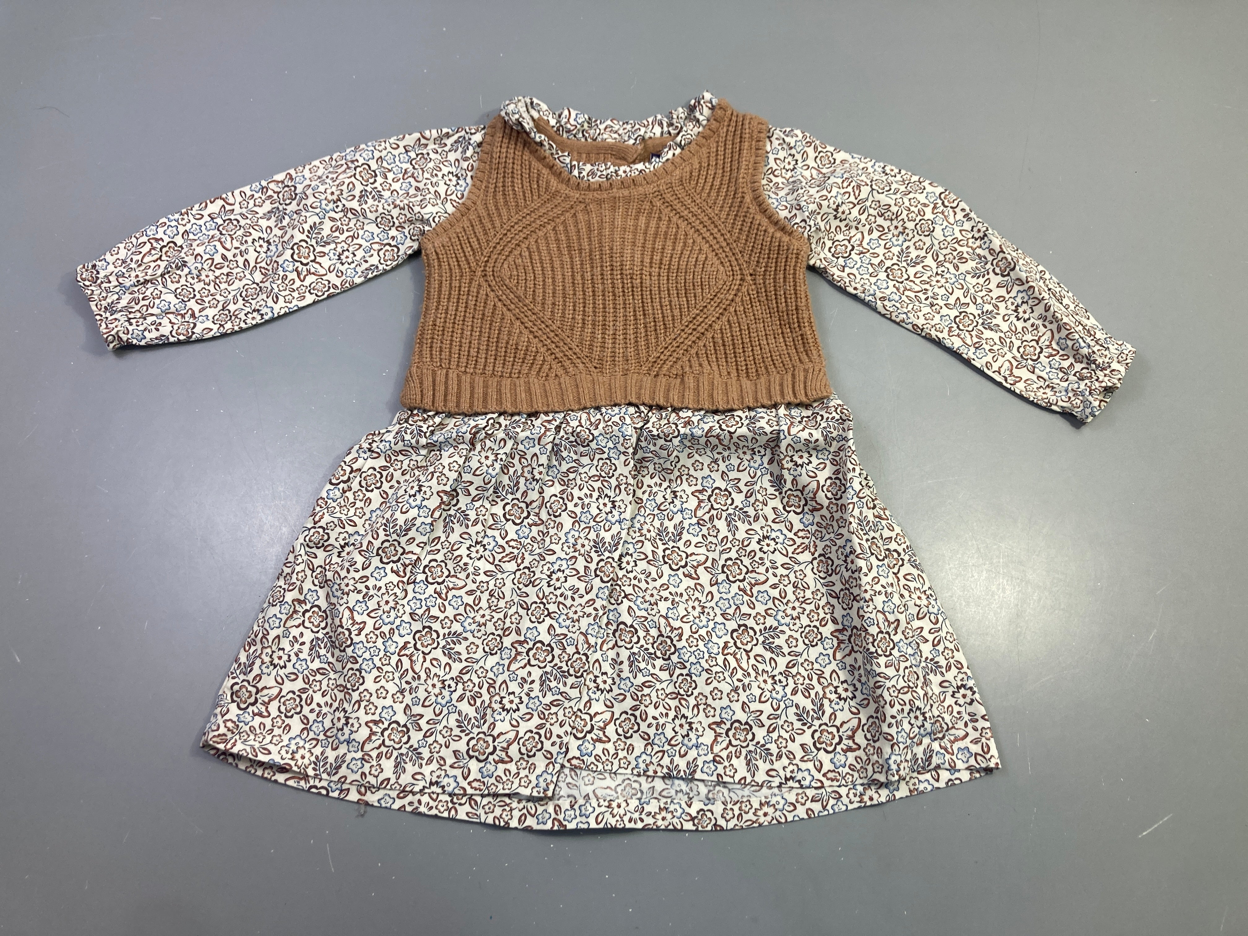 Robe m.l écrue fleurs haut tricot marron, 13% laine