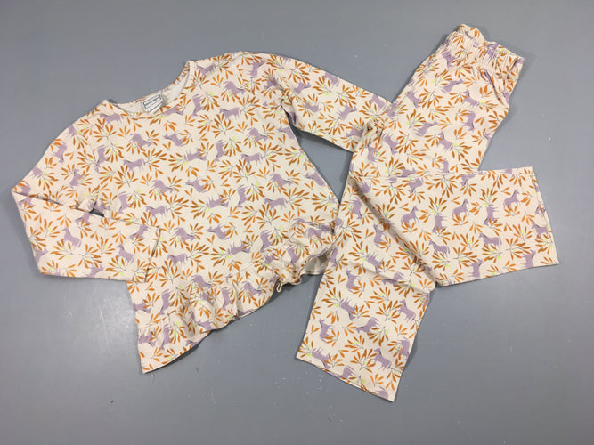 Pyjama 2pcs jersey rose pâle chevaux mauves feuillage  ocre, moins cher chez Petit Kiwi