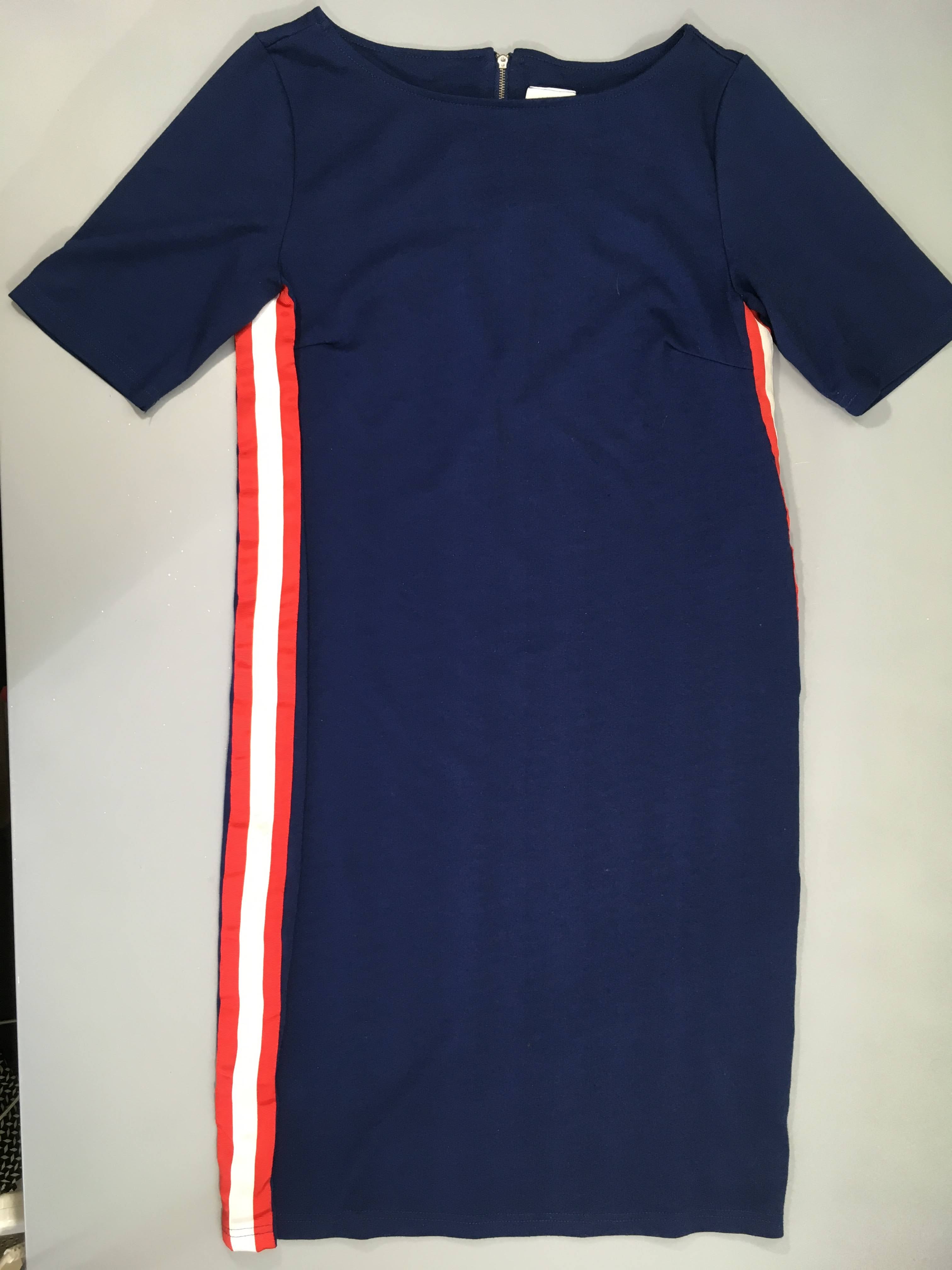 Robe m.c bleu foncé molleton bandes latérales blanc-rouge