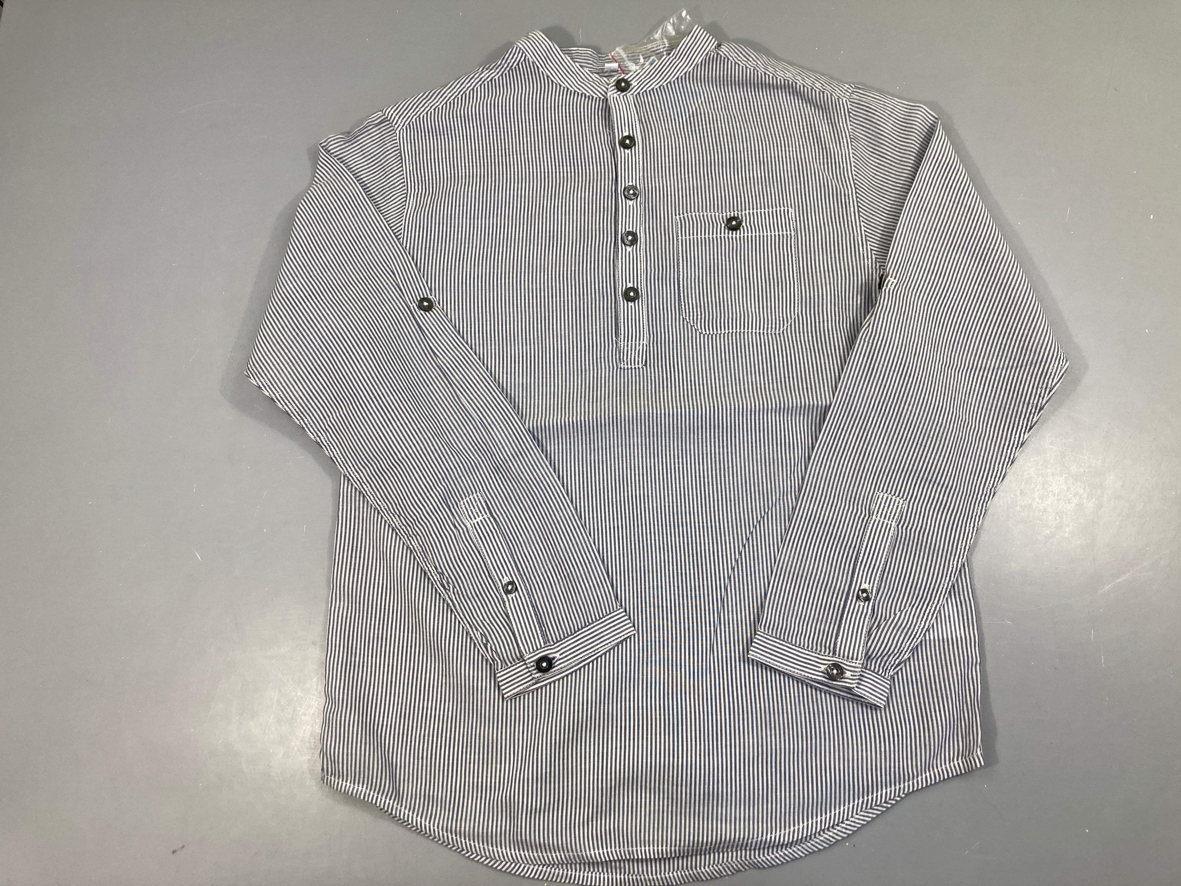 Neuf-Chemise m.l col mao lignée blanc-bleu