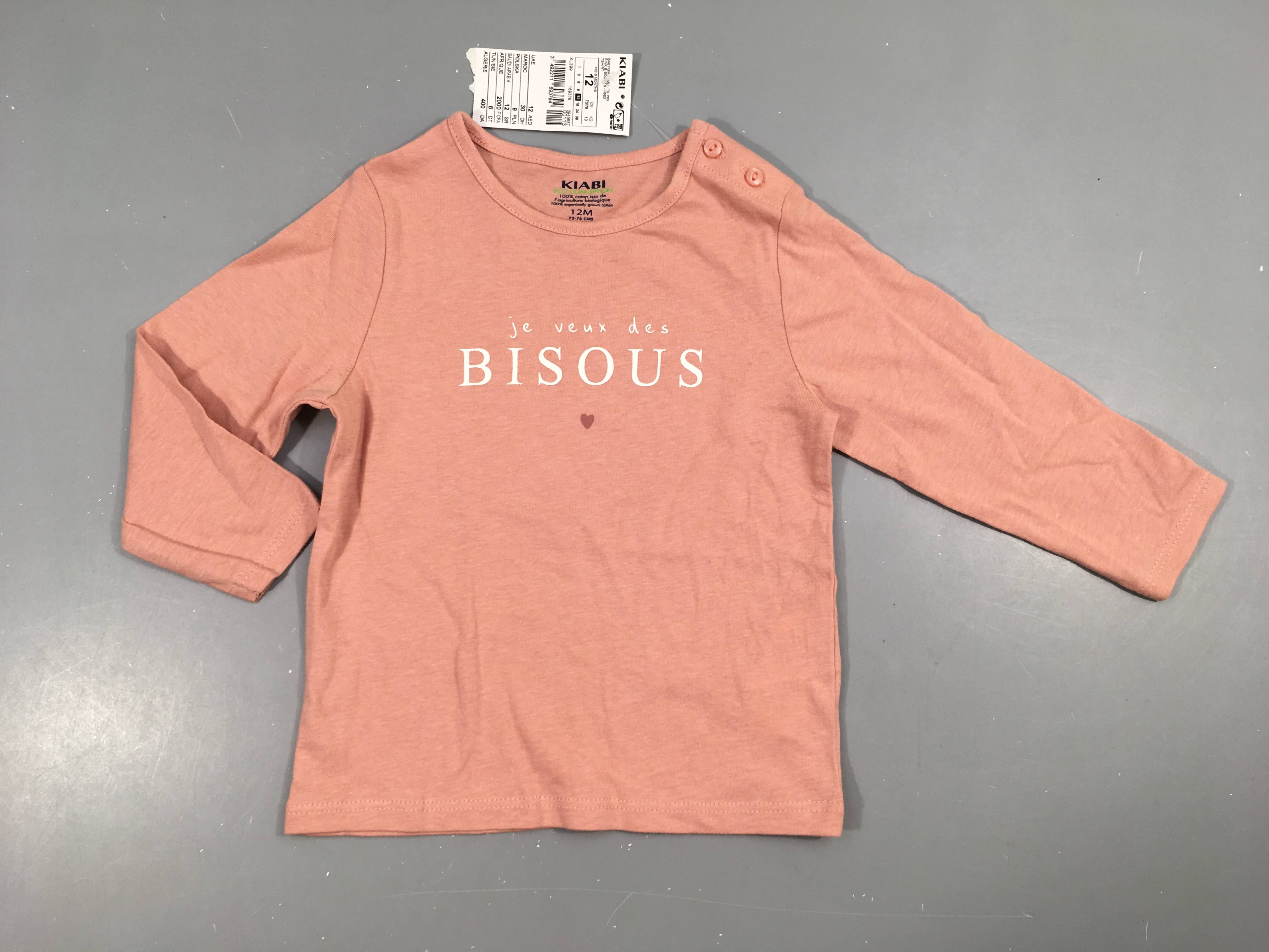 NEUF T-shirt m.l rose je veux des bisous