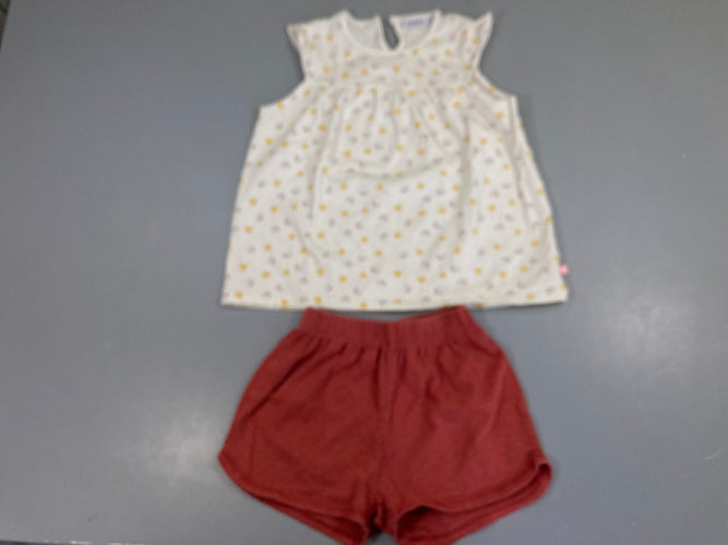 T-shirt m.c blanc fleurs + short jersey terra cotta, moins cher chez Petit Kiwi