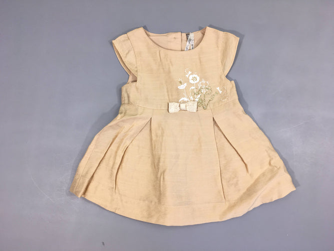 Robe s.m beige fleurs noeud doré, moins cher chez Petit Kiwi